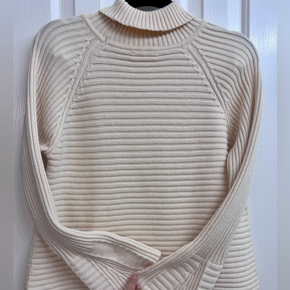 SAGE THE LABEL Ribbed Turtleneck Sweater with Wide Bell Cuffs in Ivory/Cream - Picture 16 of 16